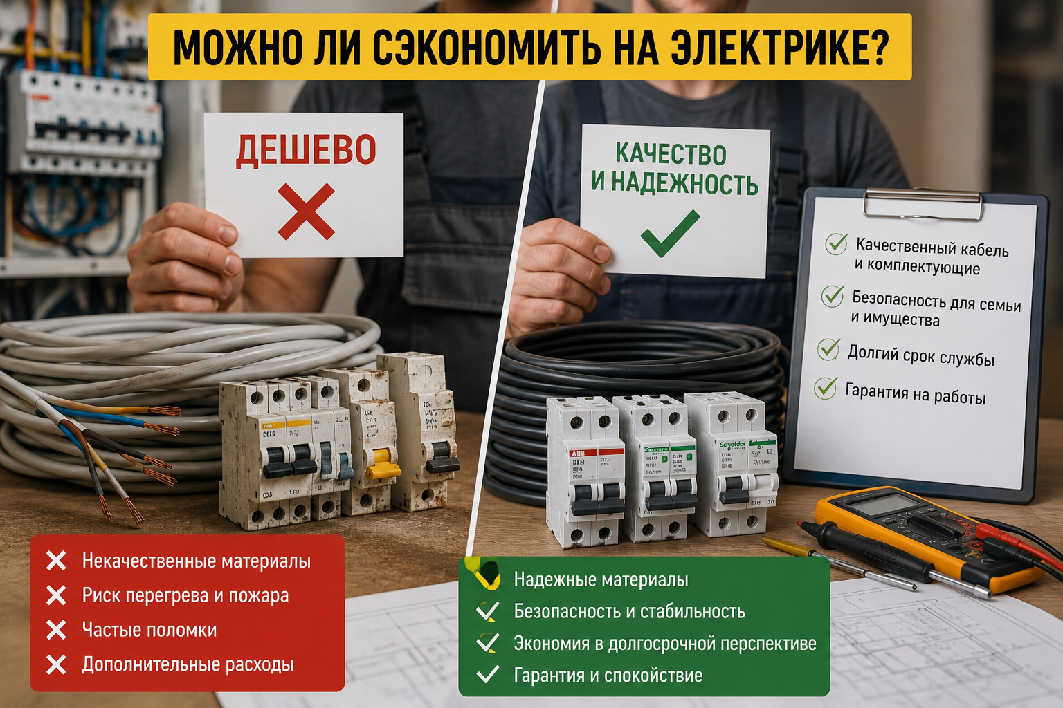 Сравнение дешевых и качественных материалов для электропроводки: кабель, автоматы защиты и профессиональный монтаж электрики