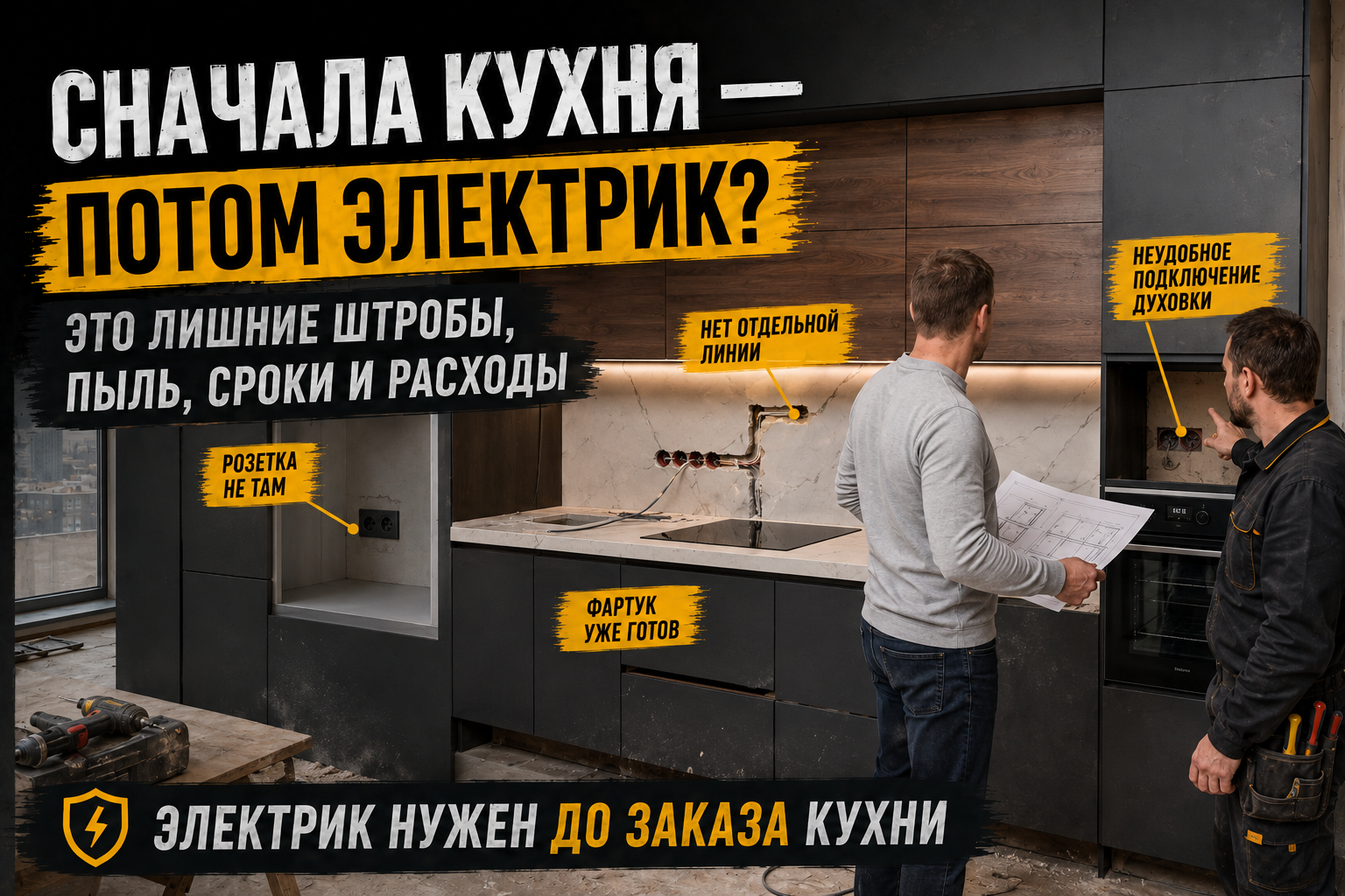 Рис.2 Планирование электрики на кухне в новостройке до установки гарнитура