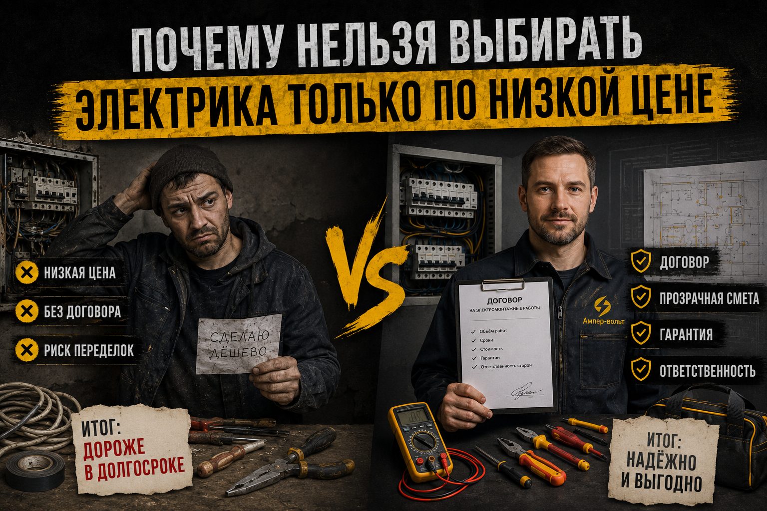 Рис.2 Почему нельзя выбирать электрика только по низкой цене