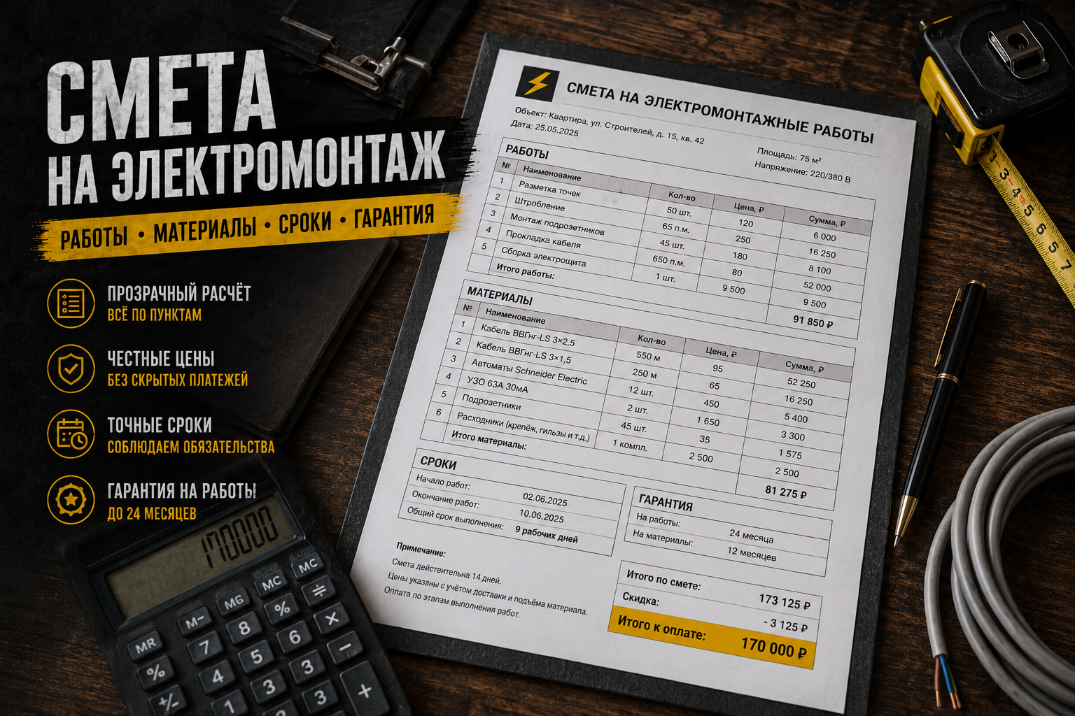 Рис.4 Смета на электромонтажные работы с перечнем работ и материалов| Ампер-вольт Тюмень